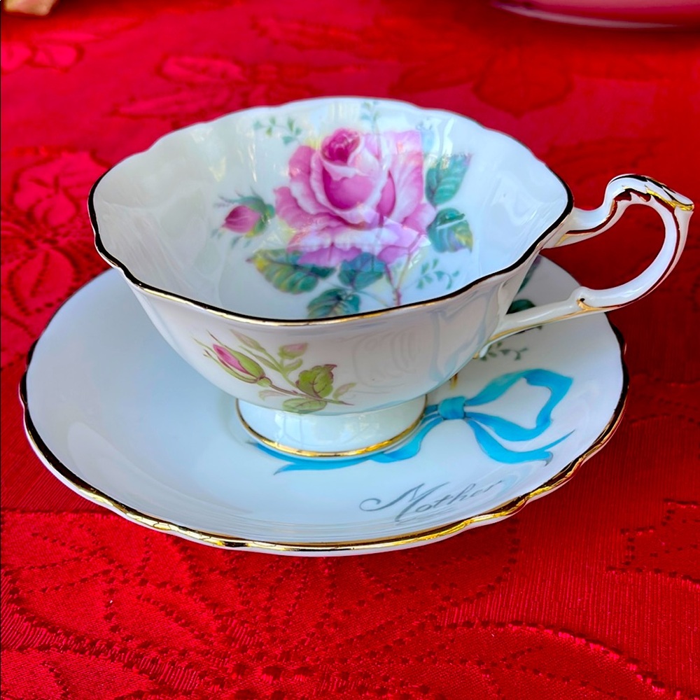 Rare vintage Paragon"Mother"teacup and saucer set with pink rose & blue ribbon
